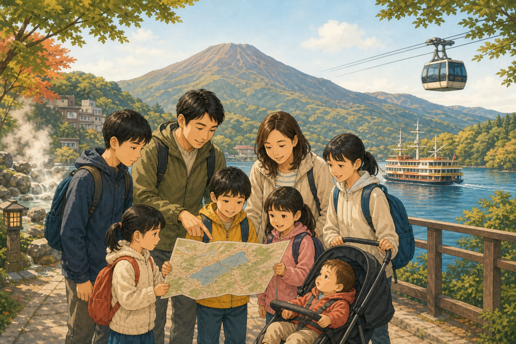 年齢差のある子ども6人と両親が箱根旅行の地図を確認するAI生成イラスト