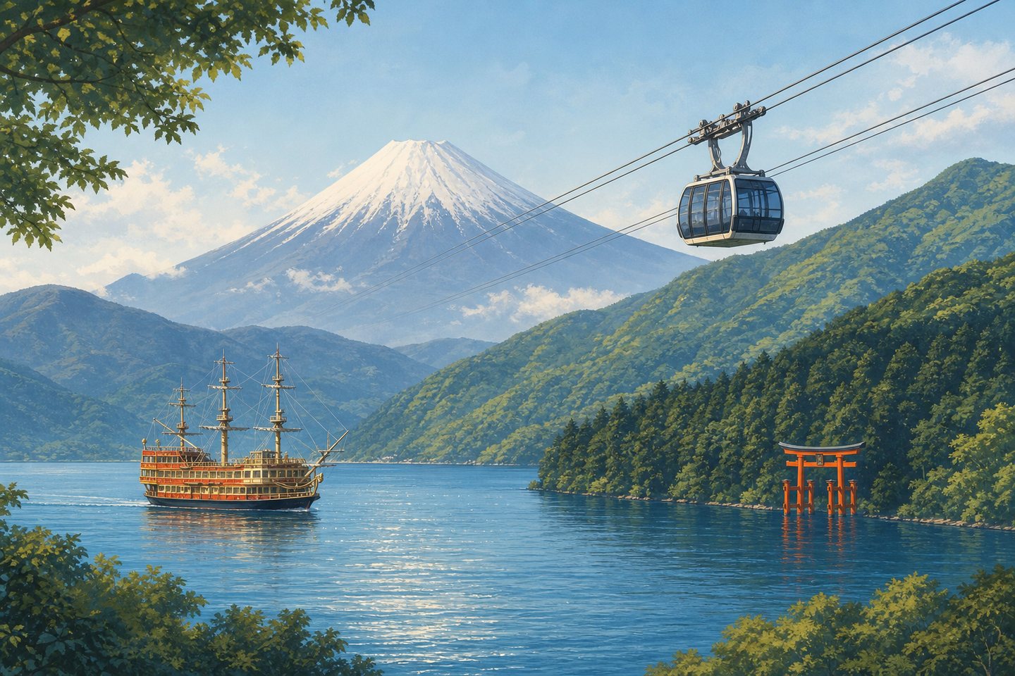 芦ノ湖、富士山、観光船、ロープウェイを描いた箱根旅行のイラスト
