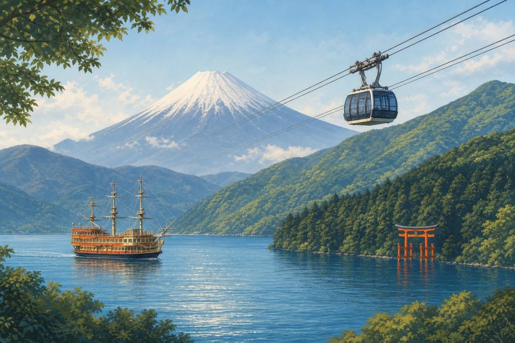 芦ノ湖、富士山、観光船、ロープウェイを描いた箱根1泊2日のAI生成イラスト